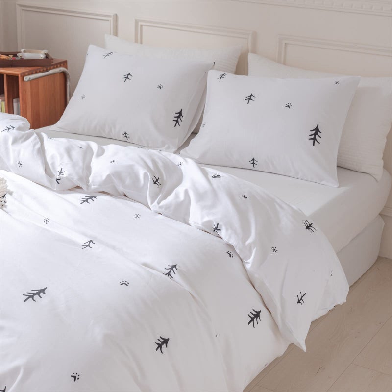 BuLuTu Kids Duvet Cover Twin Cotton White/Grey,Premium Boys Girls Bedding Sets Twin,Single Bed Comforter Cover Zipper Closure,Forest Tree Print Pattern,Super Soft,Breathable,No Comforter - Image 5